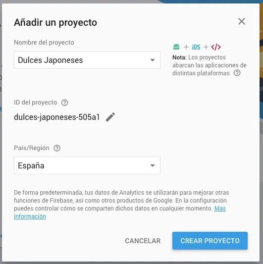 añadir proyecto firebase