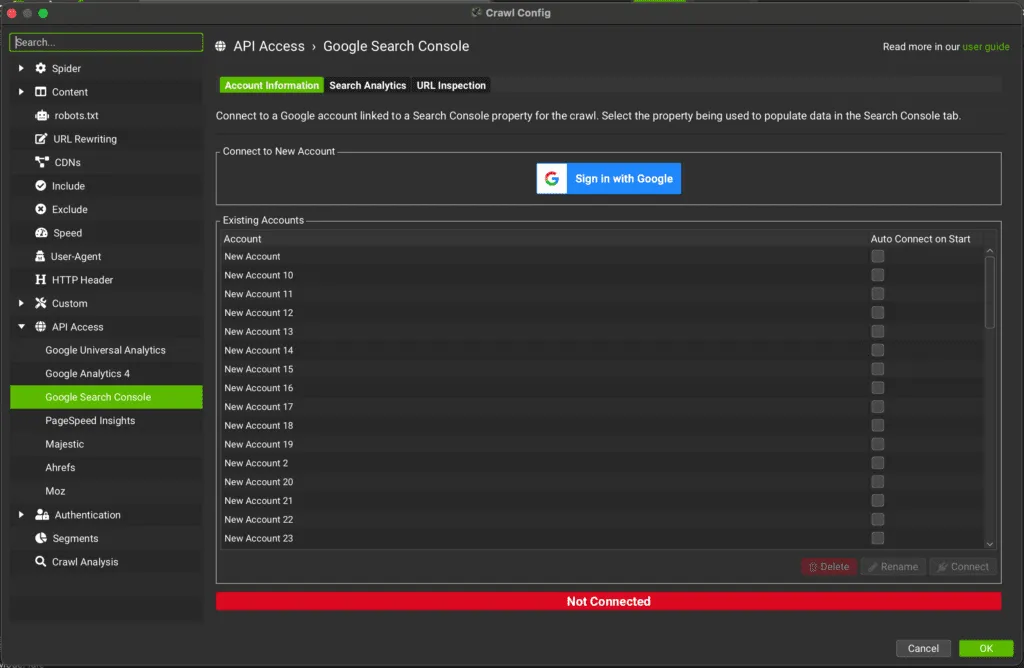 Screaming Frog API Access tab with the Google Search Console connection panel