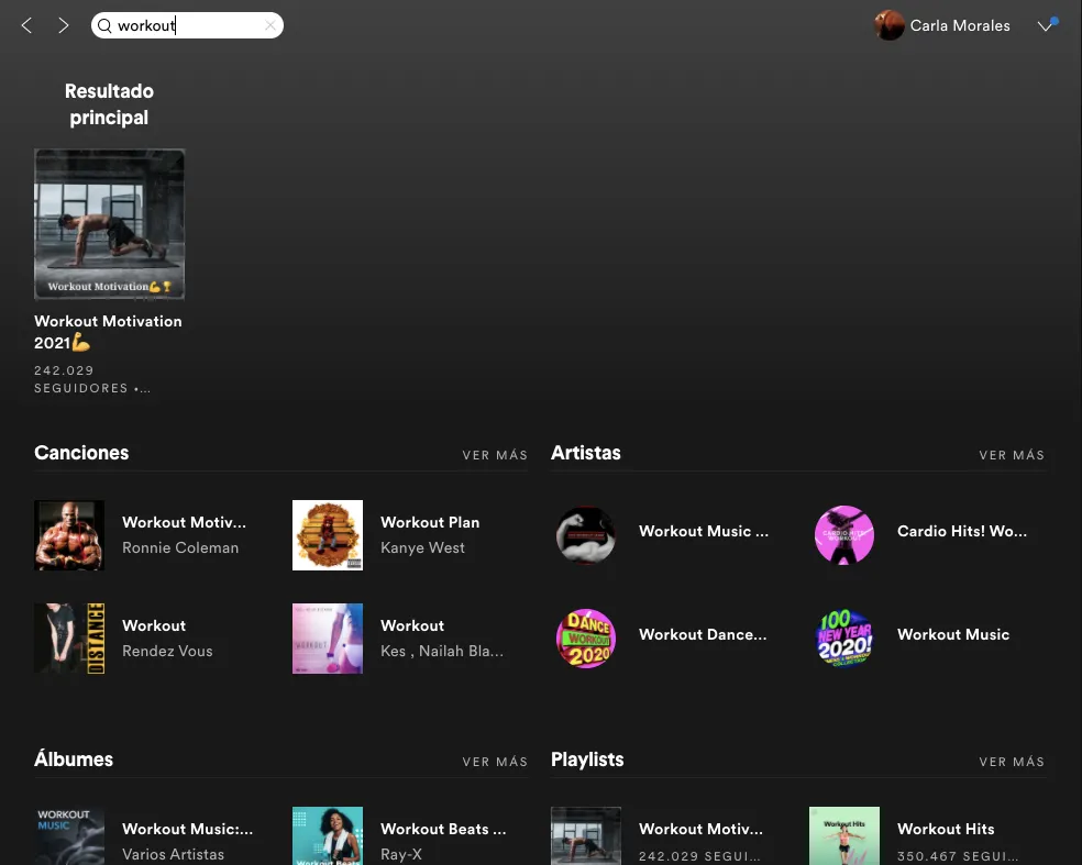 Resultados de Spotify para la búsqueda 'workout' sin espacio entre las palabras