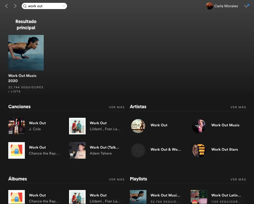 Resultados distintos en Spotify para 'work out' con espacio, misma intención de búsqueda