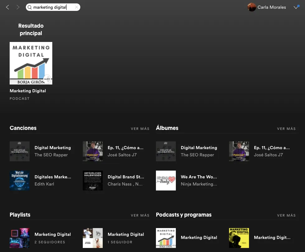 Buscador de Spotify con resultados clasificados en Canciones, Álbumes, Playlists y Podcasts