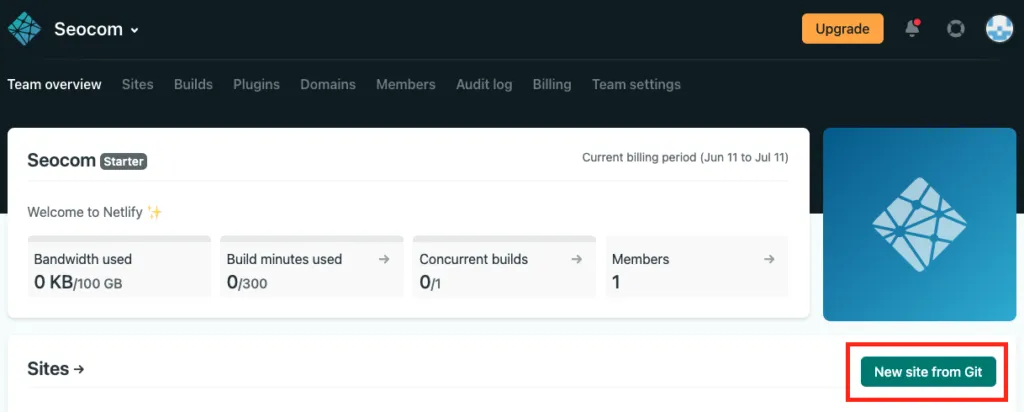 Pantalla 'New site from Git' en Netlify para conectar el repositorio