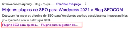 Snippet en Google confirmando que una de las URLs era un sitelink, no canibalización