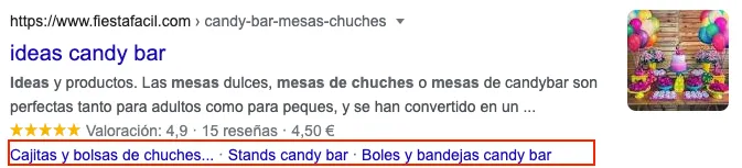 Snippet de Google con sitelinks adicionales mostrando subpáginas del resultado principal