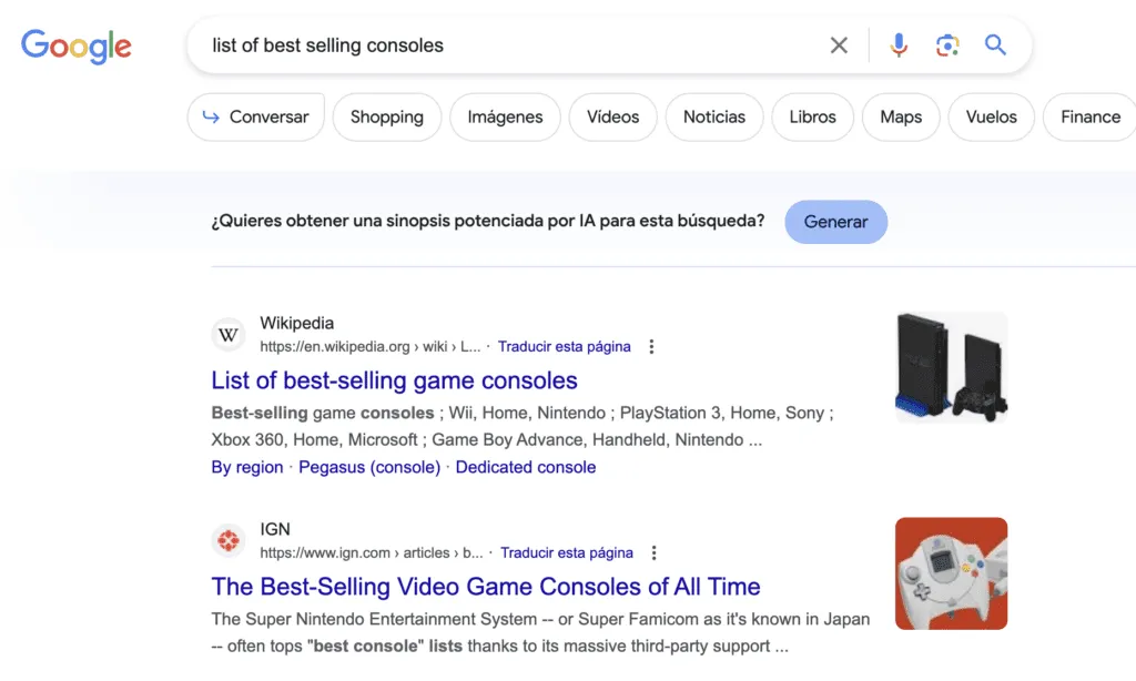 Botón 'Generar' en Search Generative Experience que activa la respuesta IA en la SERP