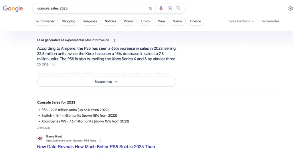 Botón 'Mostrar más' en Search Generative Experience para ampliar la respuesta IA