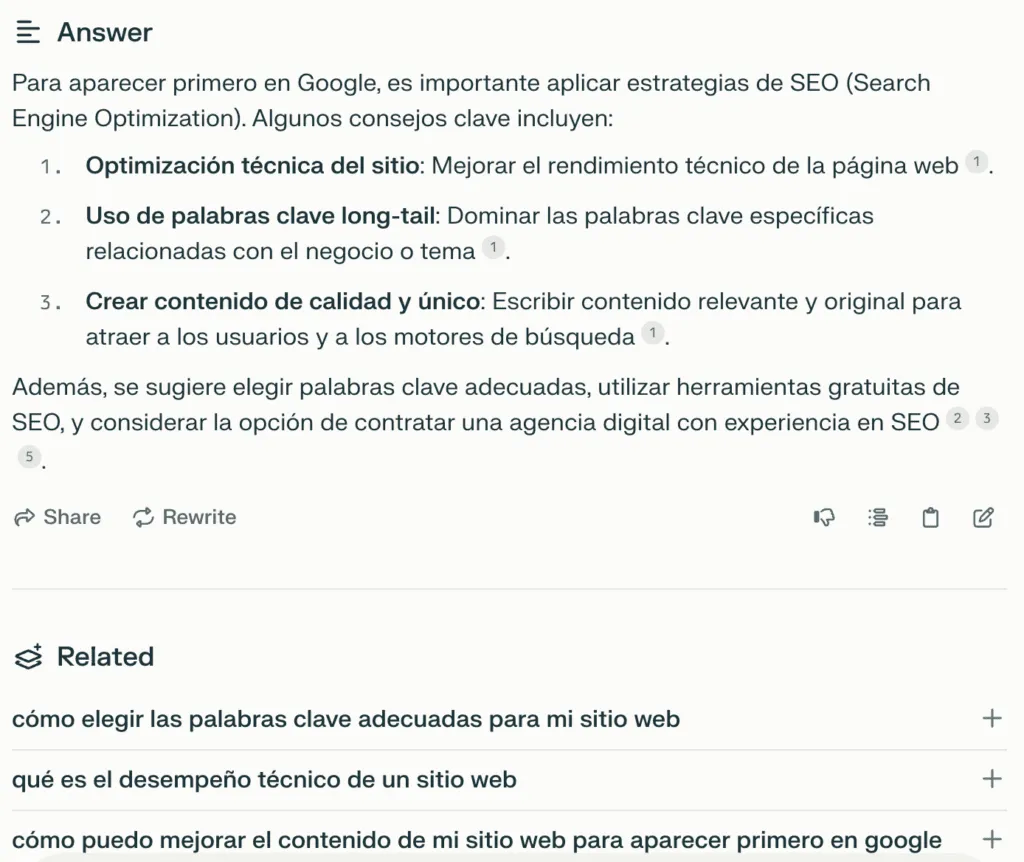 Respuesta de Perplexity sobre cómo aparecer primero en Google con preguntas relacionadas y fuentes