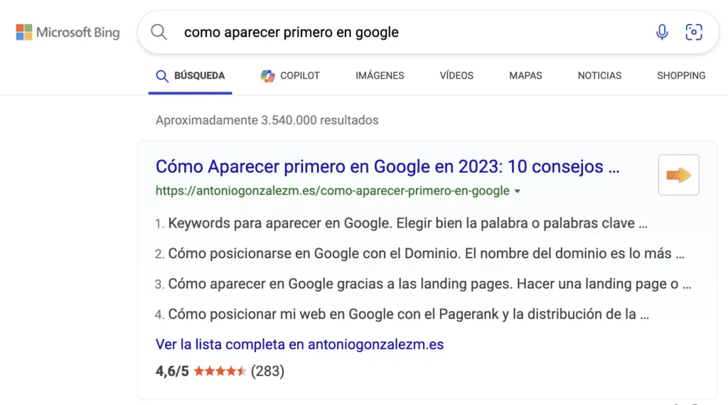 Resultado de Copilot reutilizando contenido literal de la primera web del navegador