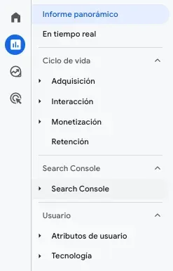 Menú Search Console recién añadido en Google Analytics 4 tras activar la integración