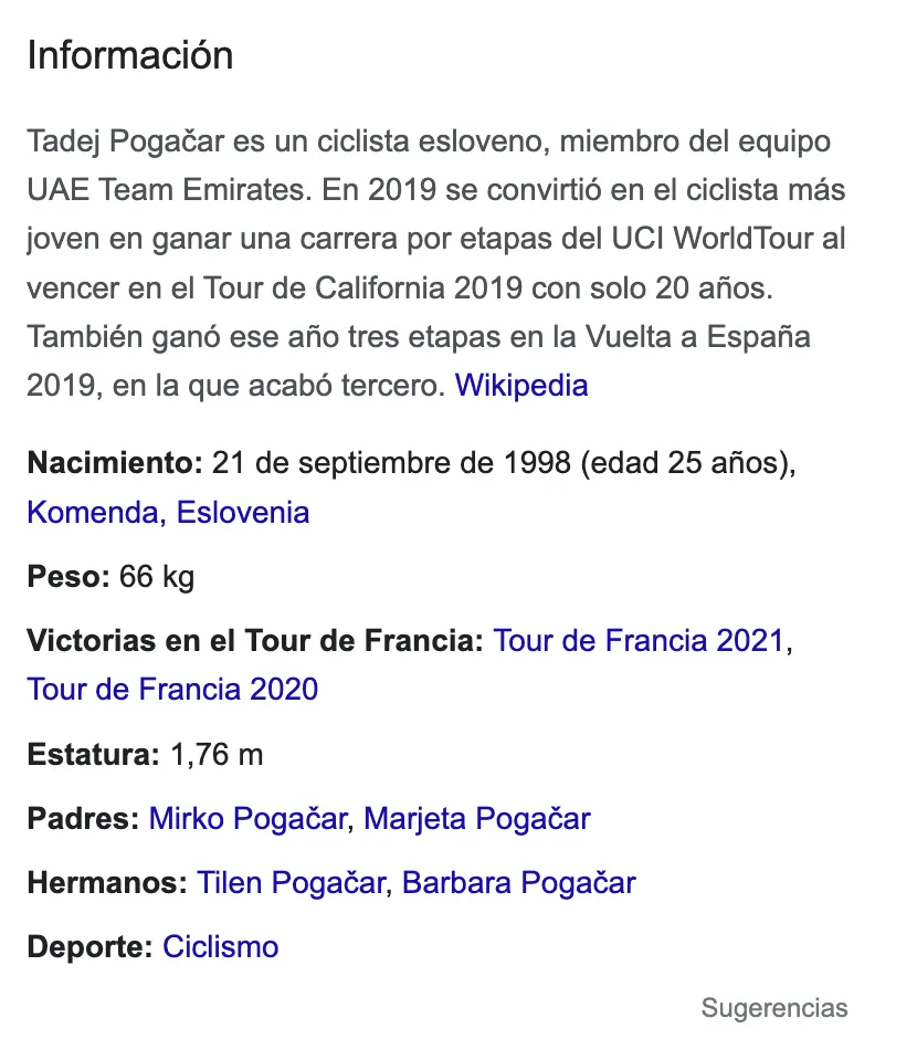 Knowledge Panel de Tadej Pogačar en Google con sus atributos como edad y peso