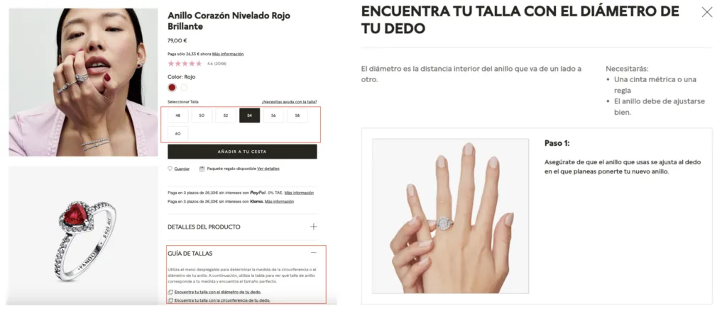 Ficha de producto de Pandora con la guía de tallas visible junto al anillo