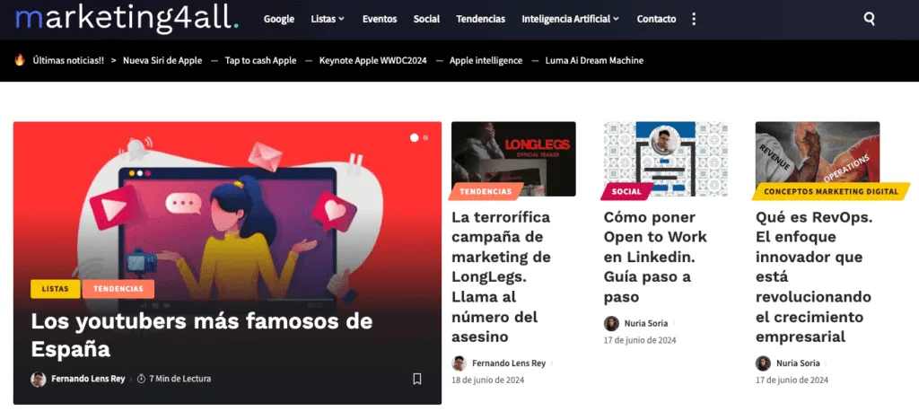 Home de Marketing4All en el navegador con el layout principal del medio digital