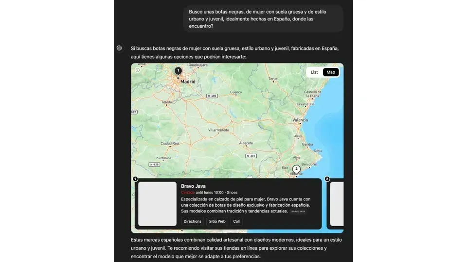 ChatGPT search SERPs por consulta informacional con mapa