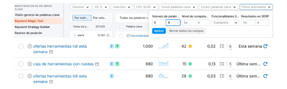 Cómo buscar palabras clave long tail en Semrush