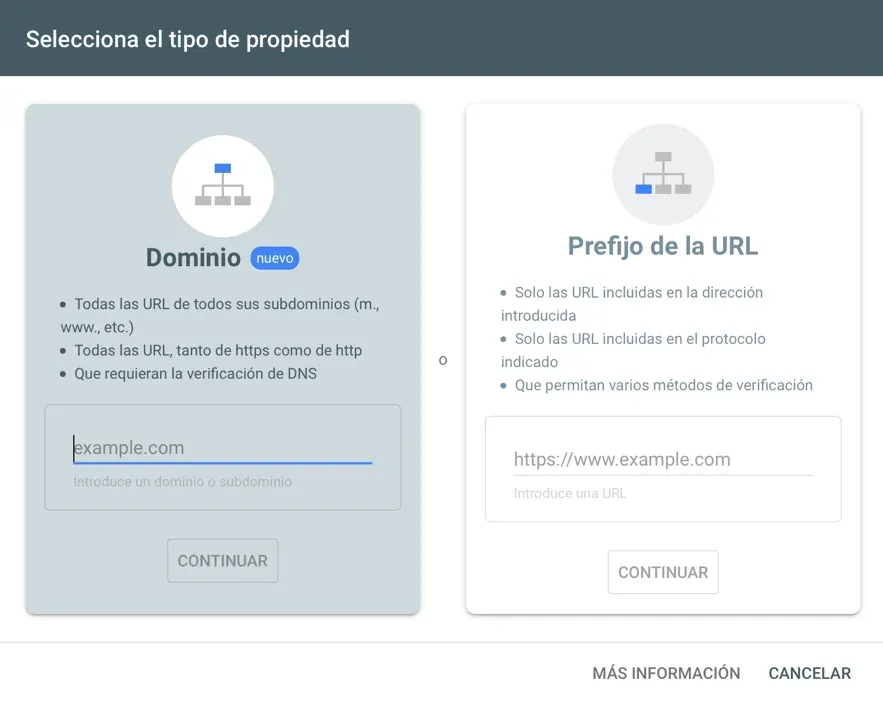 Google Search Console Selecciona propiedad