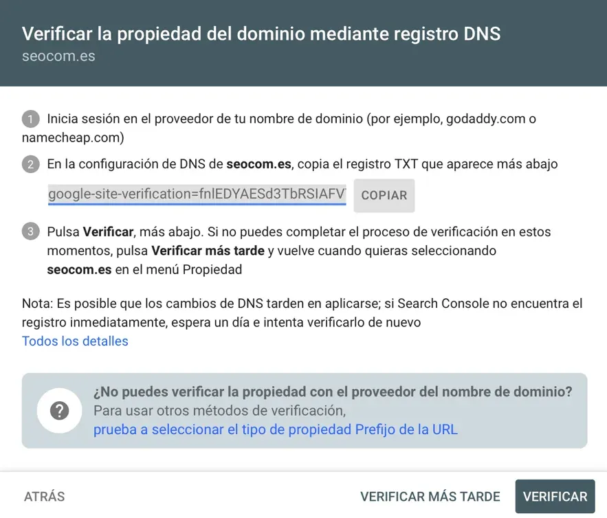 Google Search Console verifica propiedad dominio dns