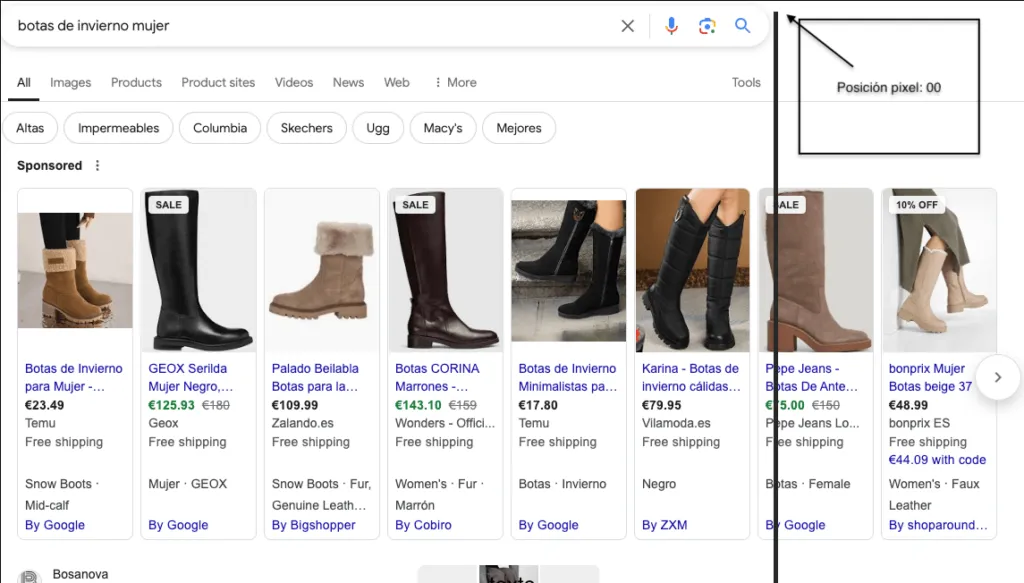  mostrando anuncios patrocinados de productos, incluyendo botas de diferentes estilos y precios.