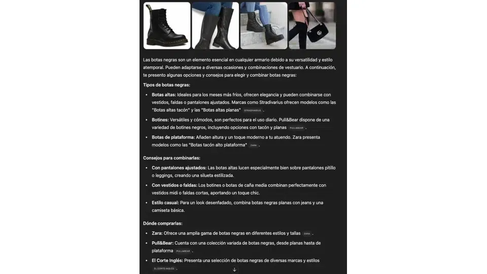Resultados por la consulta 22botas negras22 en SearchGPT