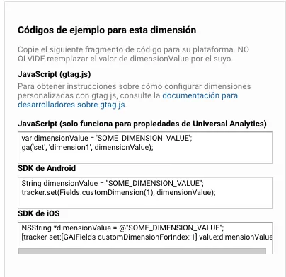 Ejemplo código manual custom dimension en Google Analytics