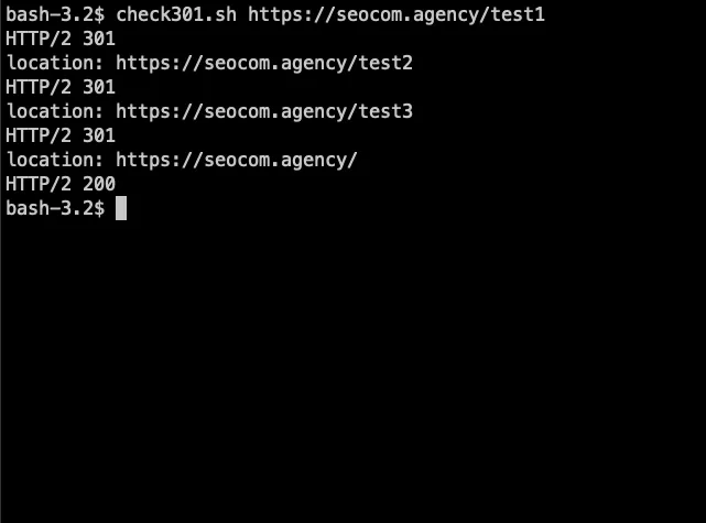 Terminal ejecutando curl -I sobre una URL para comprobar una redirección 301 y ver las cabeceras HTTP y Location de la respuesta.