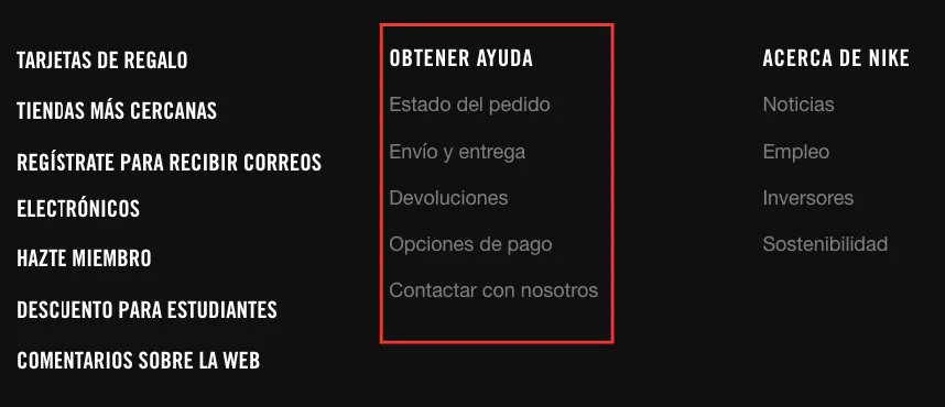 Ejemplo footer Nike, optimización para el usuario