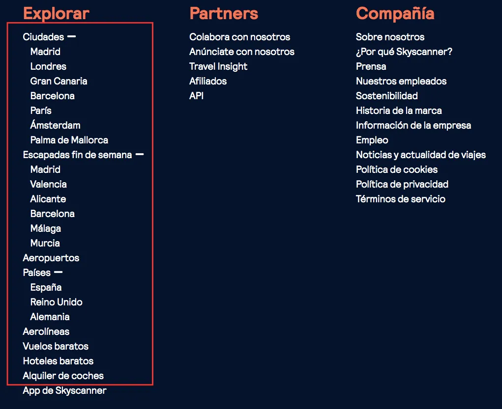 ejemplo footer skyscanner - optimización SEO