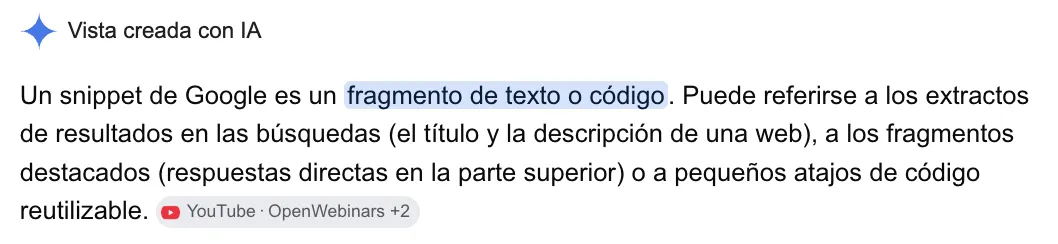 Vista creada con IA de Google respondiendo qué es un snippet, citando un vídeo de YouTube de OpenWebinars como fuente
