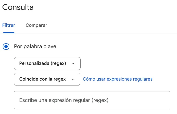 Opción Personalizada (regex) en el filtro de Google Search Console