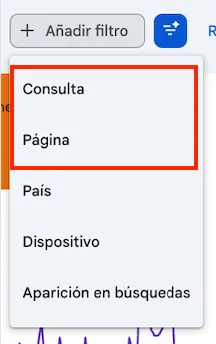 Selector de tipo de filtro entre Páginas y Consultas en GSC