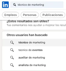 Resultados de búsqueda en LinkedIn para 'Técnico de Marketing Digital' mostrando intención