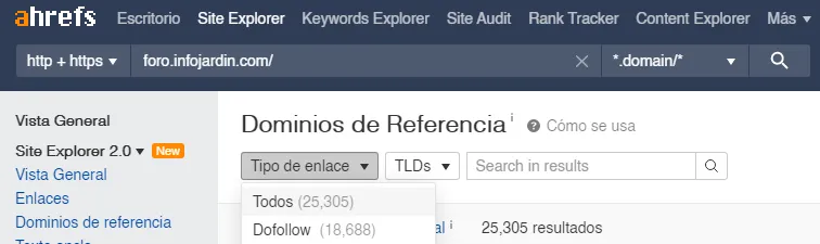 Ahrefs mostrando 25.000 enlaces entrantes al foro Infojardin con 18.000 dofollow