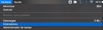 Menú Ventana > Extensiones en la barra superior de Google Chrome