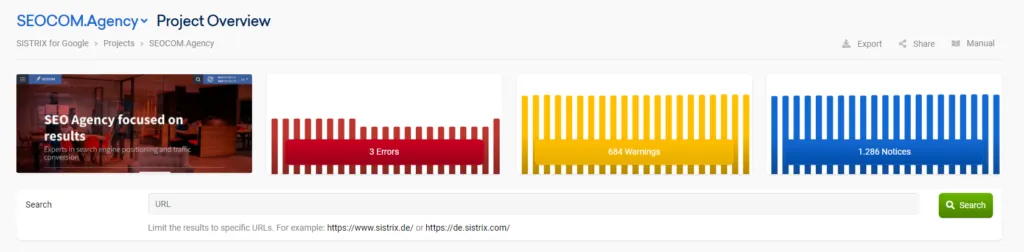 Sección OnPage del Sistrix Optimizer con el resumen de errores y avisos del crawl