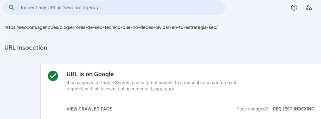 Inspector de URLs en Google Search Console con el botón solicitar indexación