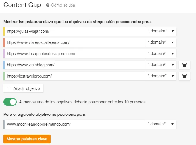 Content gap setup in Ahrefs with competitor domains and TOP 10 filter option