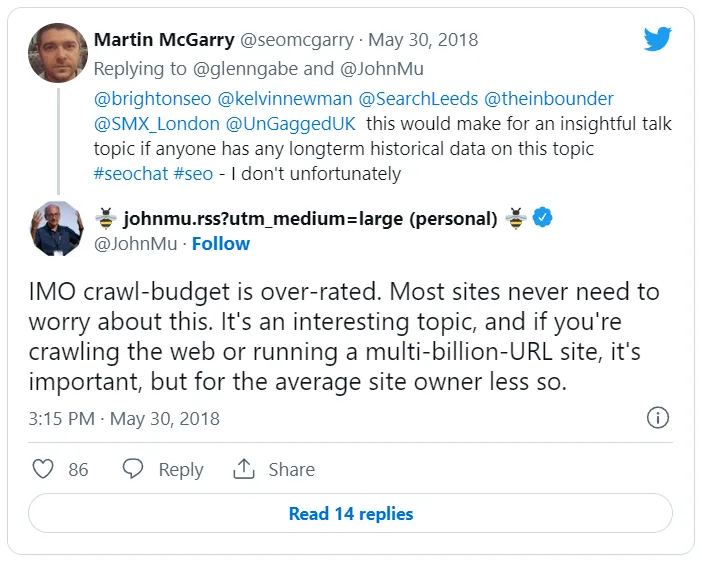 Declaración de John Mueller restando importancia al crawl budget en webs medianas