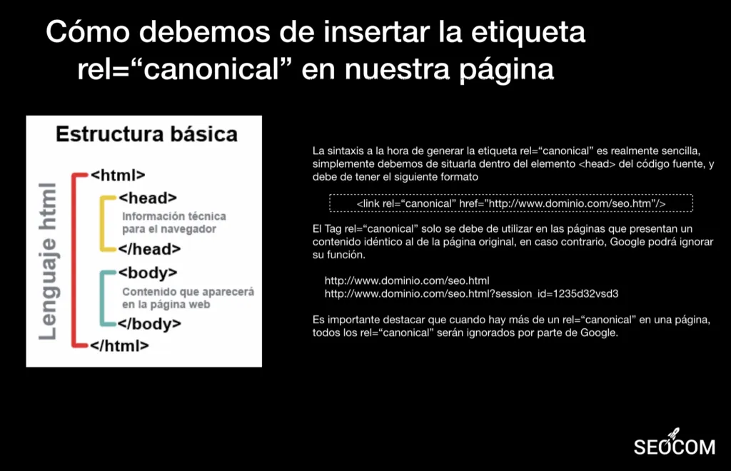 Ejemplo de la etiqueta rel canonical insertada dentro del head del código HTML