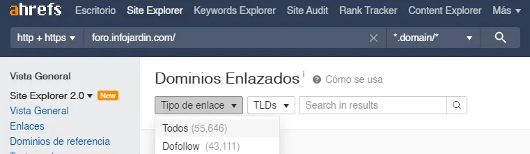 Ahrefs con 55.000 enlaces salientes del foro Infojardin: ratio típico de granja