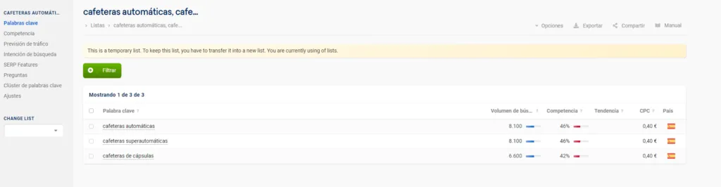 Keyword Explorer en Sistrix con un listado de keywords analizadas en bloque