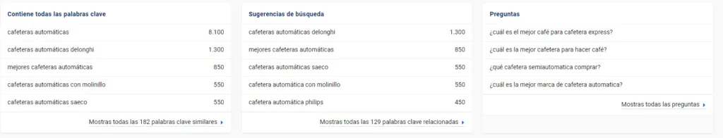 Tres tablas de Sistrix con longtails, sugerencias y preguntas para una keyword inicial