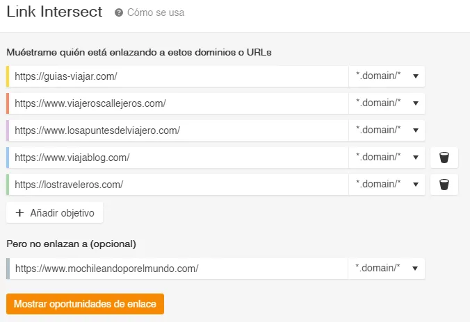 Link intersect setup in Ahrefs with five Spanish travel blogs as competitors