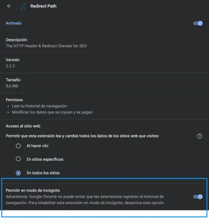 Página de configuración de la extensión Redirect Path en Google Chrome