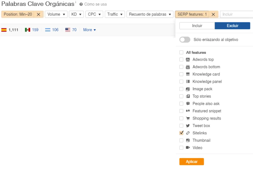Organic Keywords in Ahrefs with the position filter set to under 20