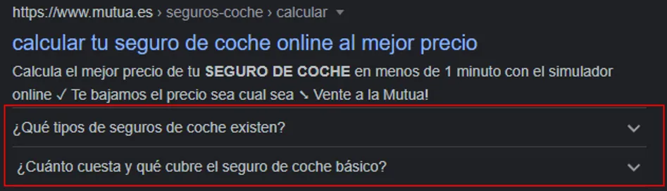 Módulo de FAQ desplegado en un resultado de búsqueda, tal como Google lo mostraba antes de retirarlo en mayo de 2026