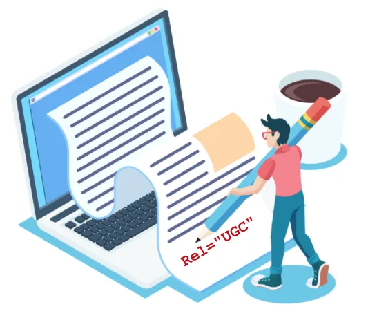 Fragmento HTML con un anchor etiquetado con el atributo rel=ugc