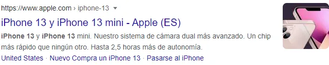 Resultado de búsqueda con imagen y precio de producto vía schema Product