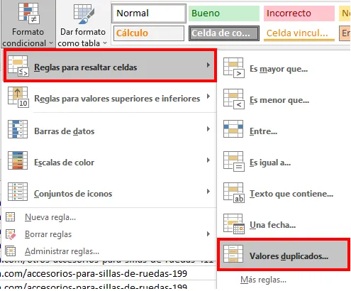 Excel conditional formatting menu set to mark duplicate keyword values