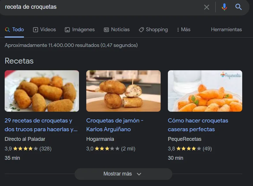 Resultado de búsqueda de una receta con foto y rating gracias al schema Recipe