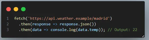Ejemplo de código JavaScript usando fetch para consultar una API meteorológica