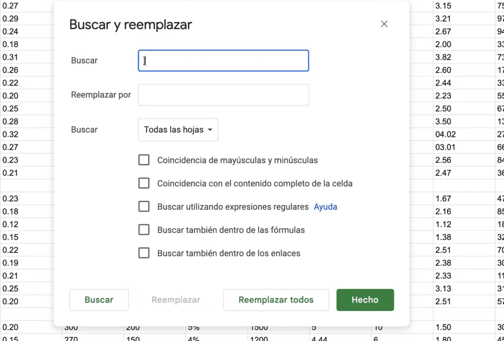 Diálogo Buscar y reemplazar en Google Sheets eliminando corchetes de keywords exportadas